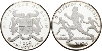 Бенин 1000 франков 1995 XXVI Олимпийские игры 1996 в Аталанте, бег KM 12 серебро PROOF 01-076-44