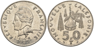 Французская Новая Каледония 50 франков 1987 хижина среди сосен и пальм, (IEOM) KM 13, Schoen 15, Lec 121 никель 4120-146