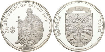 Палау 5 долларов 1999 немецкие колонии, Того KM 24 серебро PROOF 02-263-31