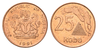 Нигерия 25 кобо 1991 год-тип KM 11a сталь плакированная медью UNC 26-342