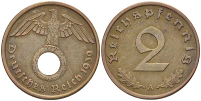 ГЕРМАНИЯ 2 РЕЙХСПФЕННИГА 1939 A KM 90, J. 362 бронза 261-1016