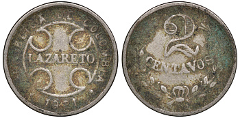 Колумбия 2 сентаво 1921 государственный лепрозорий KM L10 медно-никель 53-1016