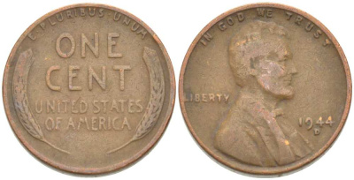 США 1 ЦЕНТ 1944 D, ЛИНКОЛЬН KM А132 медь цинк 218-927