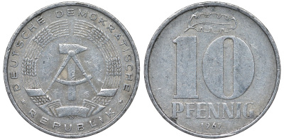 ГДР 10 пфеннигов 1967 А KM 10 алюминий 4122-442