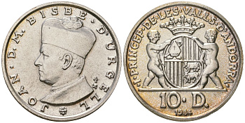 Андорра 10 динеров 1984 Жоан Марти-и-Аланис. Епископ Уржеля, тираж 7500 экз. KM 17 серебро BU 4606-625