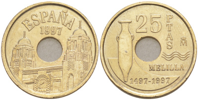 Испания 25 песет 1997 Мелилья (Melilla), Хуан Карлос I (1975-2014) KM 983 латунь 187-754