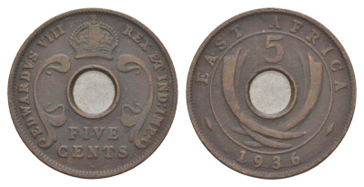 Британская Восточная Африка 5 центов 1936 год-тип, Георг V (1910-1936) KM 23 бронза 4652-112