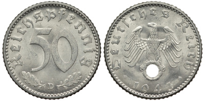 Германия 50 рейхспфеннигов 1943 D цена по каталогу МТ 80 евро J. 372, KM 96 алюминий UNC 413-4834