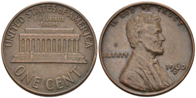 США 1 цент 1960 D, Линкольн KM 201 медь цинк 4564-339