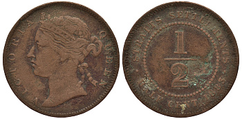 Стрейтс-Сетлментс 1/2 цента 1883 Виктория (1837-1901), редкая, медальный тип KM 8 медь 1523-333