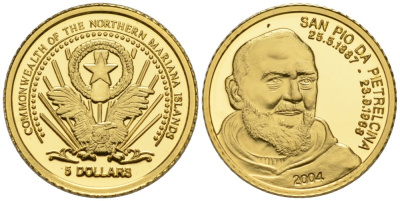 Северные Марианские острова 5 долларов 2004 Святой Пио из Пьетрельчины (1887-1968) KM NEW золото PROOF 02-117-41