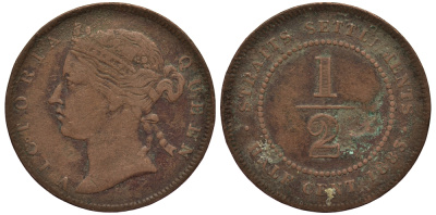 Стрейтс-Сетлментс 1/2 цента 1883 Виктория (1837-1901), редкая, медальный тип KM 8 медь 1523-333