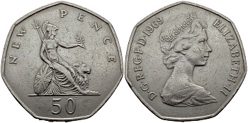 Великобритания 50 пенсов 1969 Елизавета II (1952-2022) KM 913, Spink 4223 (H1) медно-никель 4680-932