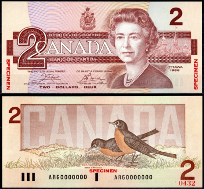 Канада 2 долларa 1986 образец "SPECIMEN", королева Елизавета II (1952-2022), Малиновки Pick 94 бумага UNC (пресс) 451-409-1
