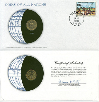 Западная Африка (ВСЕАО) 5 франков 1982 Нигер, конверт с маркой первого дня гашения, Coins of Nations KM 2a медь алюминий никель  UNC   4294-57-3