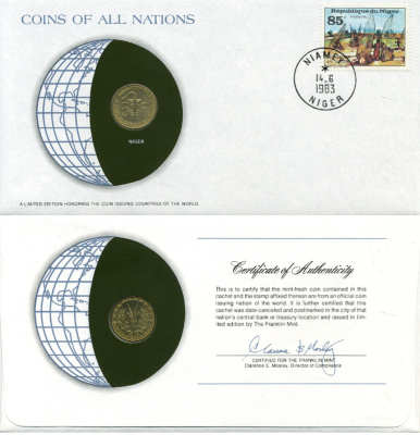 Западная Африка (ВСЕАО) 5 франков 1982 Нигер, конверт с маркой первого дня гашения, Coins of Nations KM 2a медь алюминий никель  UNC   4294-57-3