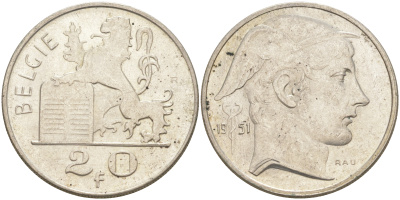 Бельгия 20 франков 1951 Бодуэн I (1951-1983), BELGIE KM 141.1 серебро 106-647
