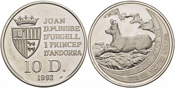 Андорра 10 динеров 1992 серия сохраним наш мир, серна KM 75 серебро PROOF 1077-2-52