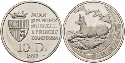 Андорра 10 динеров 1992 серия сохраним наш мир, серна KM 75 серебро PROOF 1077-2-52