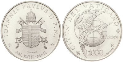 Ватикан 1000 лир 2001 Мир, Иоанн Павел II (1978-2005) KM 338 серебро UNC 1530-445