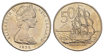 Новая Зеландия 50 центов 1975 Елизавета II (1952-2022), парусник Индевор KM 37 медно-никель UNC 4683-933