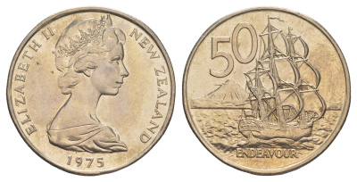 Новая Зеландия 50 центов 1975 Елизавета II (1952-2022), парусник Индевор KM 37 медно-никель UNC 4683-933