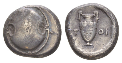 Беотия, Фивы статер 395-338 гг. до н.э. беотийский щит/ПТ ОI, амфора, 11,90 гр SNG Copenhagen 349 серебро 00-814-13