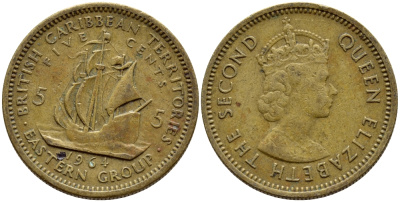 Британские Восточно-Карибские территории 5 центов 1964 Елизавета II (1952-2022), парусник KM 4 никель латунь 4391-1127