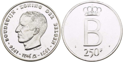 Бельгия 250 франков 1976 25 лет правления Бодуэна I,  der Belgen KM 158.2 серебро PROOFLIKE 11-203-13