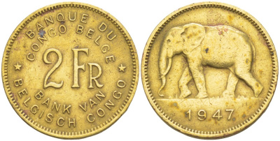 Бельгийское Конго 2 франка 1947 слон KM 28 латунь 4541-1027