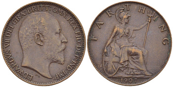 Великобритания 1 фартинг 1907 Эдуард VII (1901-1910), KM 792, Spink 3992 бронза 4543-957