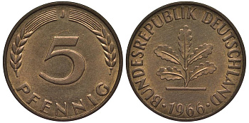 ФРГ 5 ПФЕННИГОВ 1966 J KM 107, Jager 382 сталь плакированная латунью 4547-738