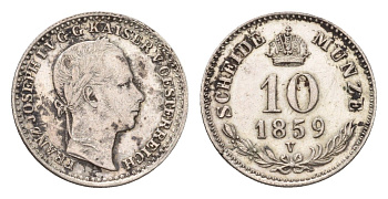 Австрия 10 крейцеров 1859 V, Франц Иосиф I (1848-1916) KM 2204 серебро 1526-1234