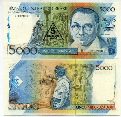 БРАЗИЛИЯ 5 КРУЗАДО 1989 ПОДПИСЬ 26, НАДПЕЧАТКА НА 5000 КРУЗАДО Pick 217а бумага UNC (ПРЕСС) 7551-40-1