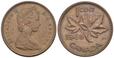 Канада 1 цент 1968 Елизавета II (1952-2022), кленовый лист KM 59.1 бронза 4609-132