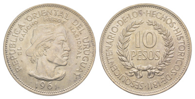 Уругвай 10 песо 1961 150 лет Революции против Испании KM 43 серебро UNC 413-2843