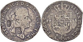 Польша, Торунь 8 грошей (2 злотых) 1788 EB, Станислав II Август Понятовский (1764-1794), надчеканка герб "Пилава", вес 8,49 г KM 209.1 (C54), Kopinski не описана серебро 00-809-84