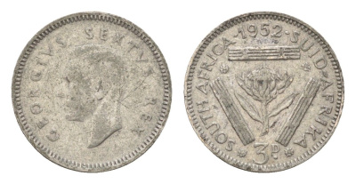 ЮАР 3 пенса 1952 Георг VI (1936-1952) KM 35.2 серебро 96-813