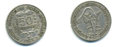 ЗАПАДНАЯ АФРИКА 50 ФРАНКОВ 1972 FAO KM 6 медно-никель 86-1715