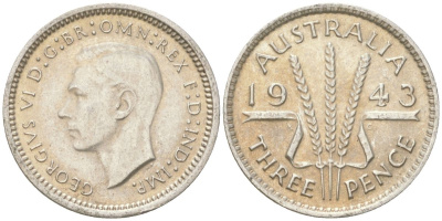 Австралия 3 пенса 1943 Георг V (1936-1952) KM 37 серебро 4621-1159