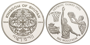 Бутан 300 нгултрумов 1994 XXVI летние Олимпийские Игры, Атланта 1996 - Баскетбол KM 73 серебро PROOF 1079-9-54