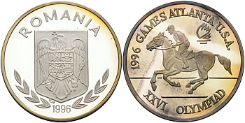 Румыния 100 леев 1996 XXVI Олимпийские игры 1996 года в Атланте, 100 лет Олимпийскому движению, скачки, пробный выпуск KM PnB 315E серебро  PROOF  11-159-45