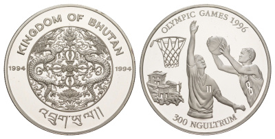 Бутан 300 нгултрумов 1994 XXVI летние Олимпийские Игры, Атланта 1996 - Баскетбол KM 73 серебро PROOF 1079-9-54
