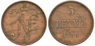 Россия для Финляндии 5 пенни 1908 Николай II (1894-1917) KM 15, Биткин 449 медь 4681-1253