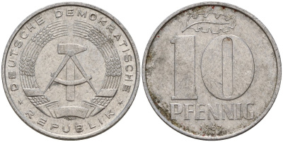 ГДР 10 пфеннигов 1967 A KM 10 алюминий 27-356