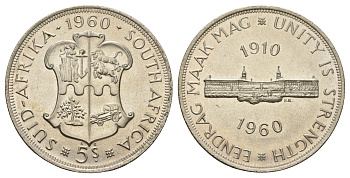 ЮАР 5 шиллингов 1960 50 лет Южноафриканскому союзу KM 55 серебро UNC 650-1033