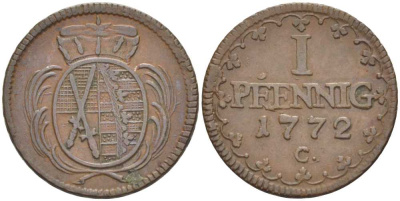 САКСОНИЯ 1 ПФЕННИГ 1772 С, ФРИДРИХ АВГУСТ III (1763-1806) KM 1000 (С91) медь 206-346