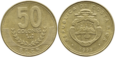 КОСТА-РИКА 50 КОЛОН 1999 B.C.C.R., ГОД ТИП KM 231.1 латунь 61-1244