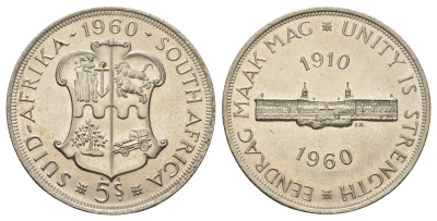 ЮАР 5 шиллингов 1960 50 лет Южноафриканскому союзу KM 55 серебро UNC 650-1033