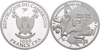 Камерун 1000 франков ND (2018) чемпионат мира по футболу - 2018, Россия, Екатеринбург KM NEW серебро PROOF 1088-2-62